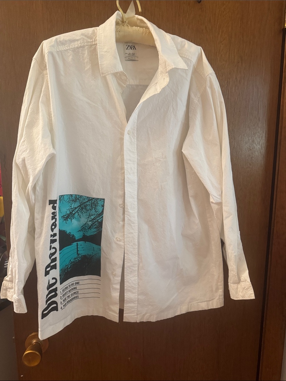 ZARA White Shirt Jacket with Teal Graphic Panel and Black Print
